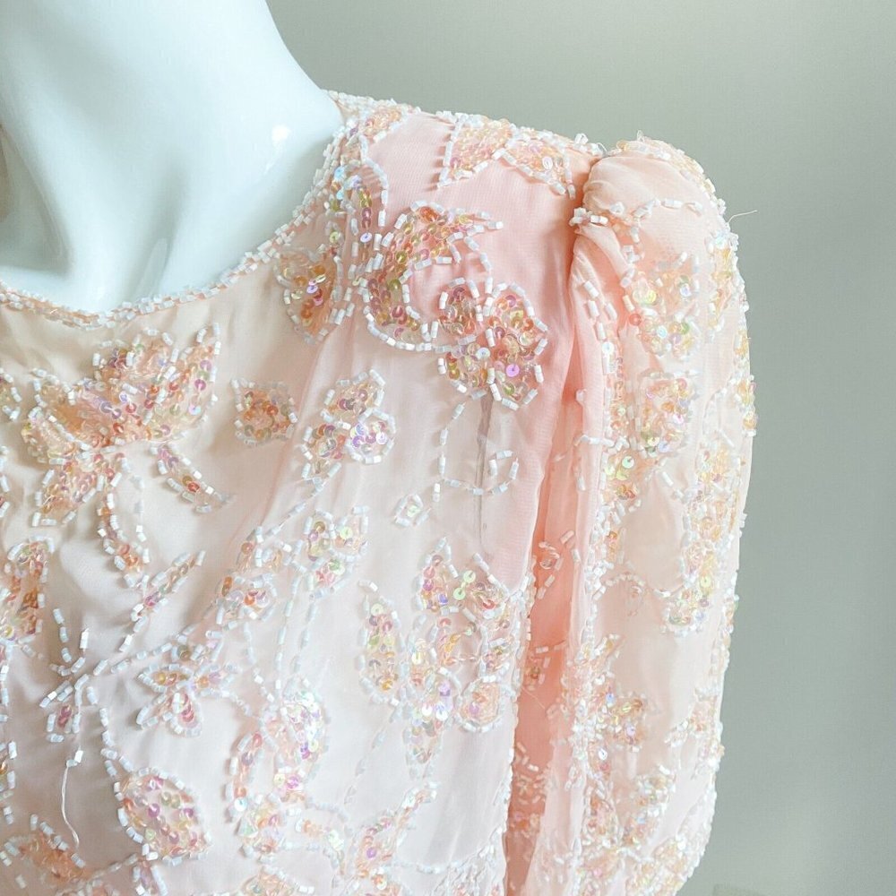 Vintage SILK Peach Pink Beaded Embroidered Cropped Evening Top M - Picture 5 of 9